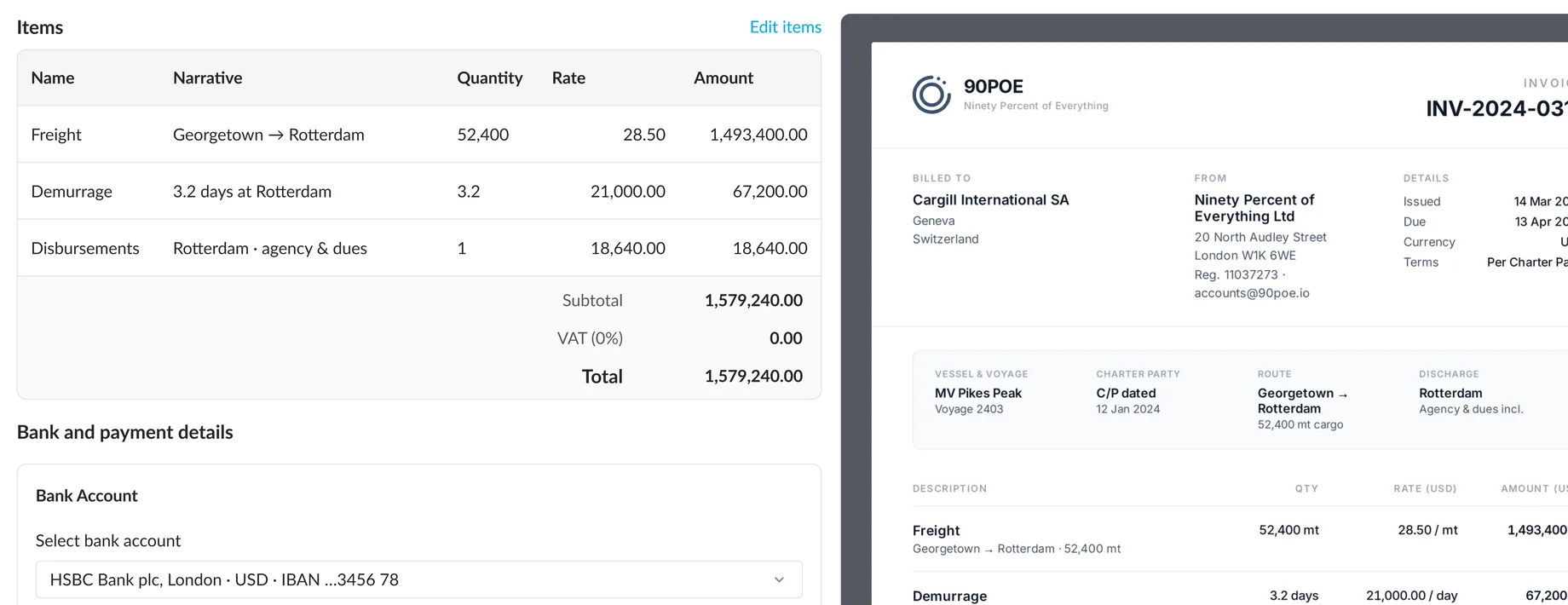 The 90POE Voyage Manager invoice builder: the line items and the shipped invoice document side by side