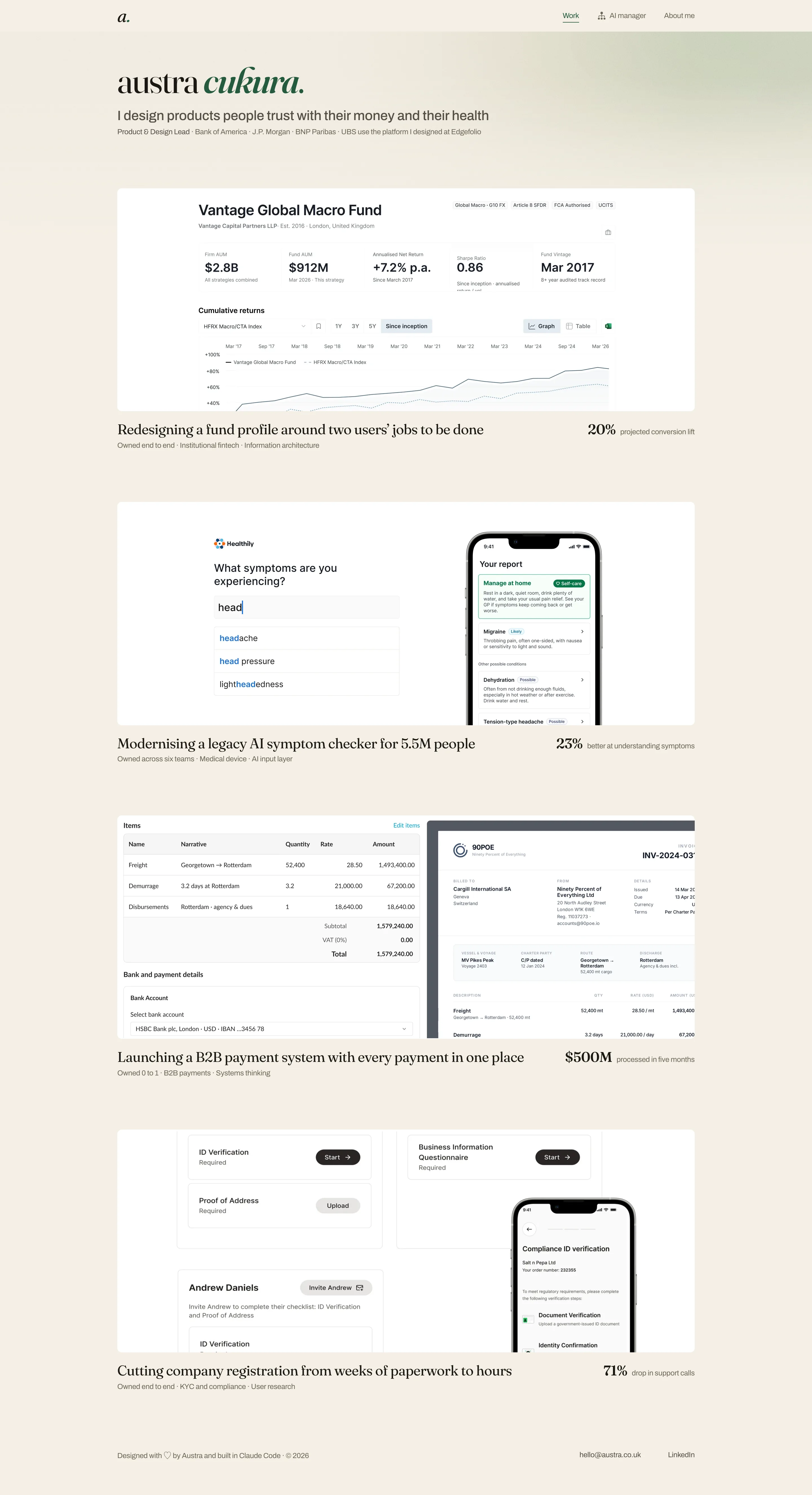 The landing page of this site: the name austra cukura with its green full stop, the line I design products people trust with their money and their health, then the case study cards for Edgefolio, Healthily, 90POE and the Self-Service Portal