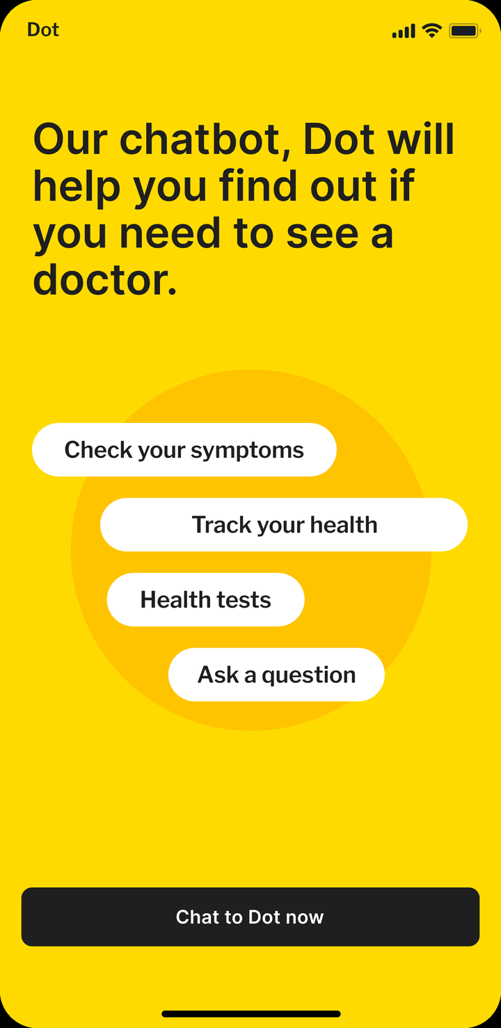 The Dot launcher: check your symptoms, track your health, health tests or ask a question.