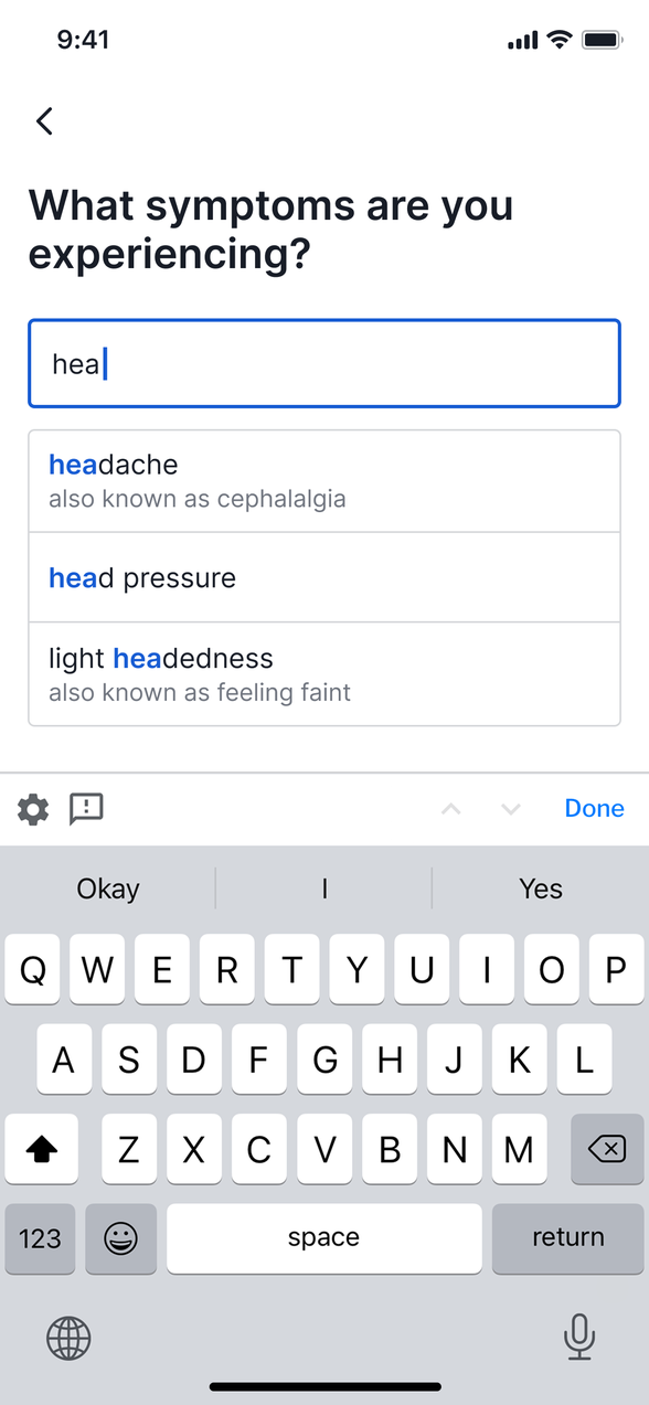 Typing hea brings up headache, head pressure and light headedness, each with its everyday name underneath