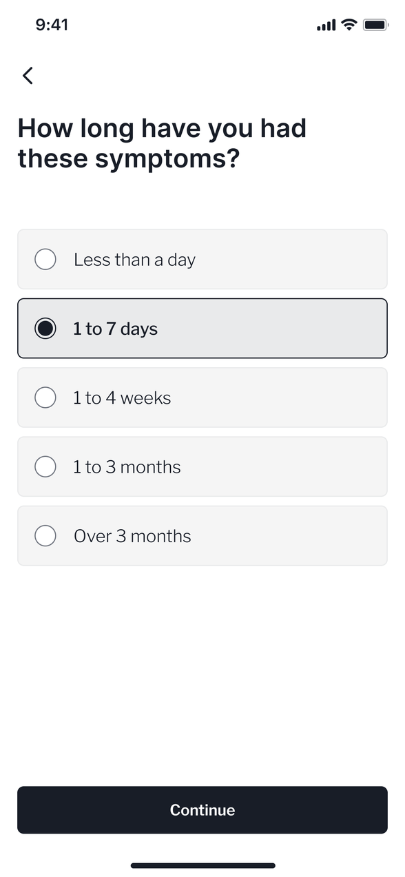 The consultation asks how long the symptoms have lasted, with 1 to 7 days selected
