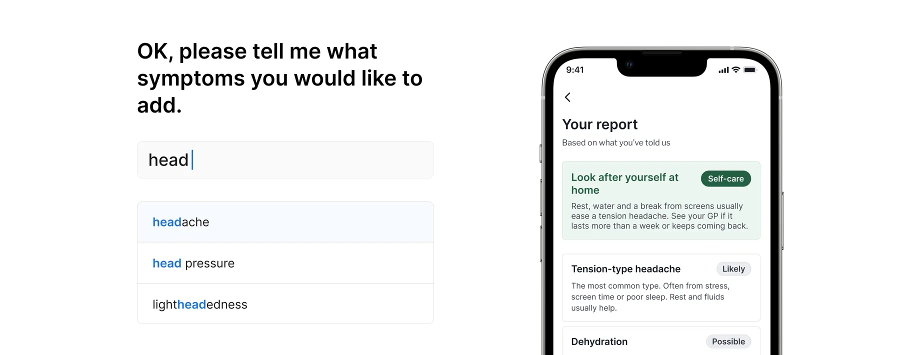 Healthily: typing a symptom brings up matching medical terms, beside the report screen showing likely and possible causes