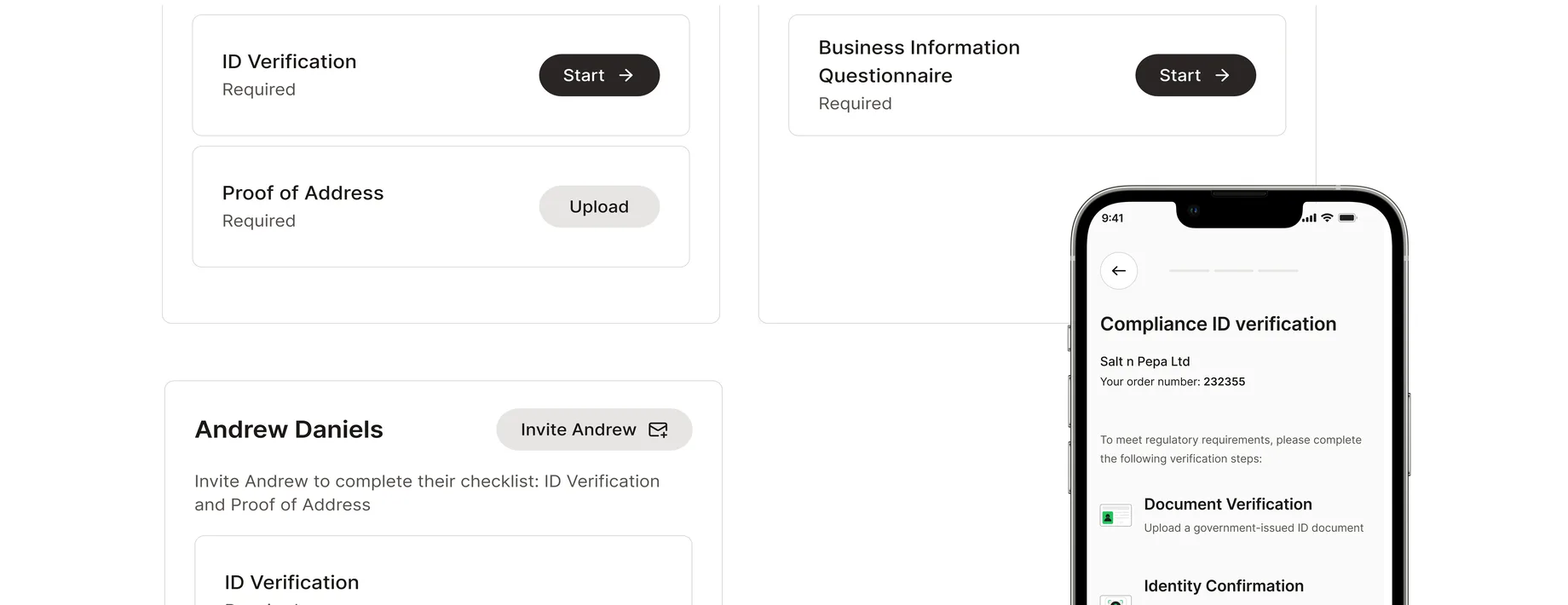 The Self-Service compliance portal: a client onboarding task list with ID verification, proof of address and team invites, beside the mobile ID verification step